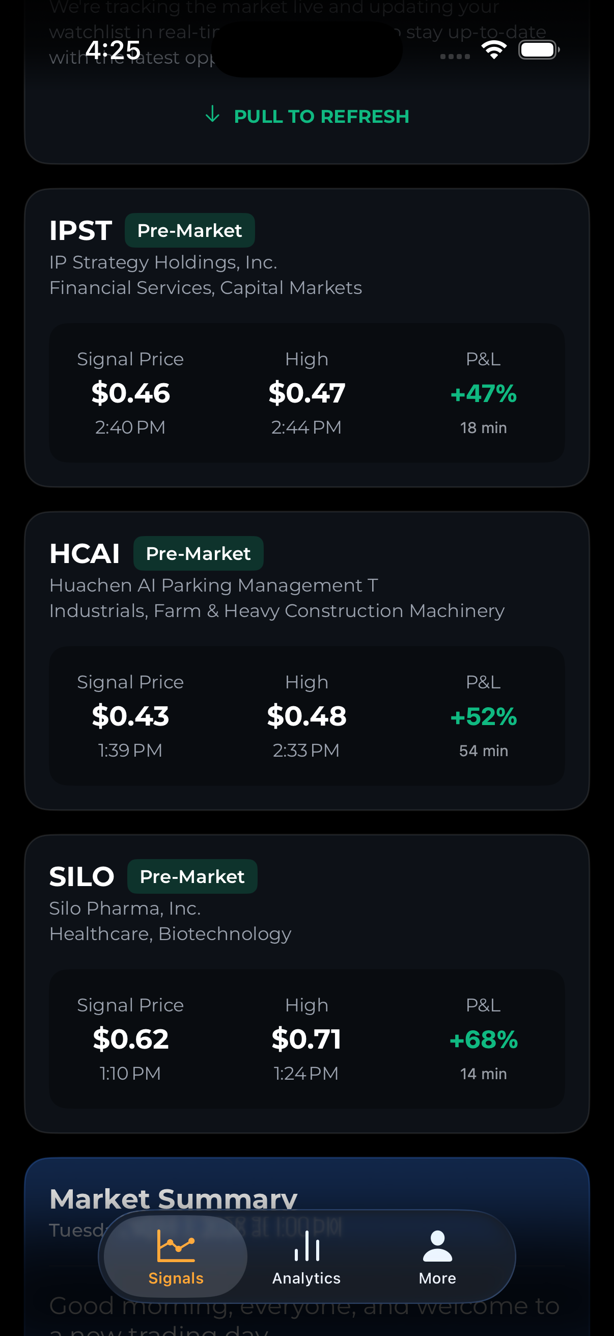 Stock Pulse signal feed — IPST, HCAI, SILO with live price and P&L